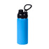 A drink bottle in bright blue stainless steel with a black lid and carry handle.