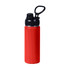 A drink bottle in bright red with a black lid and carry handle, featuring a logo.