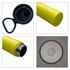 A drink bottle featuring a bright yellow outer shell, stainless steel interior, double-wall insulation, and a black carry handle.