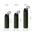 A drink bottle set in olive green, featuring three sizes: 450ml, 580ml, and 800ml, each with a carry handle.