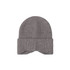 A grey earflap beanie with a ribbed design and a turned-up cuff, featuring a logo.