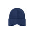 A ribbed earflap beanie in a navy blue colour, featuring a fold-over design. It has a simple logo on the side.