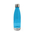 A drink bottle in bright blue with a stainless steel base and top, featuring a sleek, translucent design and a logo.