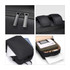 A black travel backpack featuring zippered closures, padded straps, and compartments for a laptop and documents.