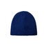 A navy blue cable knit beanie with a ribbed texture and no visible branding.
