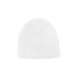 A white cable knit beanie featuring a ribbed texture and a small logo.