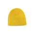 A yellow cable knit beanie with a ribbed texture and a soft finish.