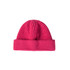 A round beanie in bright pink, featuring ribbed texture and a folded cuff at the bottom.