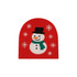 A red beanie featuring a snowman design with a black hat, green scarf, and white snowflake patterns.