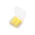A transparent case containing two yellow ear plugs. The case is open, revealing the ear plugs inside.