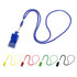 A blue plastic whistle on a lanyard, flanked by red, yellow, green, and black variations of the same product.
