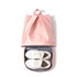 A pink backpack with a top compartment and a grey lower section containing a pair of white shoes.