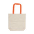 A beige canvas tote bag with orange handles, featuring a simple design and an unbranded appearance.