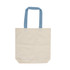 A beige canvas tote bag with blue handles and a simple design, featuring a logo.