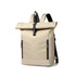 A roll top laptop backpack in beige with black straps and zippers, featuring a sleek, modern design.