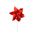 A red, six-leaf pinwheel on a white stick, featuring a central hub. The pinwheel has a sleek design.