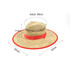 A straw hat with a wide brim, featuring a red band and natural straw colour. Includes measurement details.