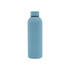 A drink bottle in a soft blue finish, featuring a rubber coating and a double wall design. It has a small logo.