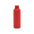 A drink bottle in matte red with a rubber-coated finish and a double-wall design, featuring a logo.