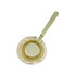 A round cocktail strainer in gold with a coiled handle and perforated base. It has a sleek, shiny finish.
