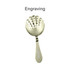 A gold bar strainer with a shell shape, featuring a handle with a logo and numerous holes for straining.