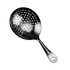A black cocktail strainer with a perforated bowl and a long handle, featuring a simple design and polished finish.