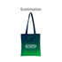 A green and blue gradient tote bag with sturdy straps and a logo printed on the front.