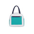 A colourful insulated lunch bag in white and teal, featuring a navy blue handle and a zippered pocket on the front.