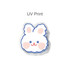 Acrylic clip featuring a cute white bunny design with pink accents and a blue outline. Includes a logo.