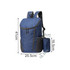 A blue and grey packable travel backpack with dimensions indicated, featuring a drawstring pouch attached.