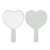A heart-shaped handheld mirror with a silver handle. The mirror is reflective and features a smooth surface.