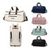A collection of convertible backpack duffel garment bags in various colours: cream, navy, pink, mint, and black. Each has a logo.