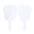 A tooth-shaped face mirror in white with a handle, featuring a smooth reflective surface and simple design.