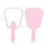 A tooth-shaped face mirror in pink with a handle, featuring a reflective surface on one side.