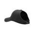 A black ponytail cap with an open back, featuring a curved brim and adjustable closure.