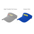 A grey breathable sun visor featuring a logo, alongside a blue visor with "MOMS" printed in yellow.