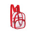 A clear mini backpack with red straps features two compartments and a transparent design. It has a logo on the front.