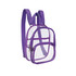 A clear mini backpack with purple straps and detailing, featuring two compartments for storage.