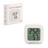 A white digital thermometer with a large display showing temperature and humidity, alongside its packaging.