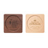 A wooden coaster set featuring a square shape with a circular center, in dark and light wood finishes.