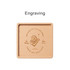 A square wooden coaster featuring a natural wood finish and an engraved design. It includes a logo.