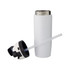 A drink bottle in white with a silver lid, accompanied by a black lid with a straw attachment.
