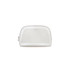 A waterproof transparent cosmetic bag in a white colour, featuring a rounded shape and zip closure.