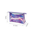 A purple travel cosmetic bag with a transparent, iridescent design, featuring dimensions of 21.3cm x 15cm x 6.8cm.