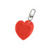 A red heart-shaped reflective keychain with a metal clip. It has a glossy finish and a standard keyring attachment.