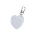 A heart-shaped reflective keychain in white with a metal clip for attachments.