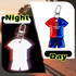 A custom shape reflective keychain designed like a sports uniform, featuring red and blue colours, with a branding logo.