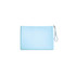 A light blue silicone cosmetic pouch with a zip closure and wrist strap. Features a logo on the side.