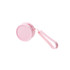A round pink silicone coin pouch with a zip and a wrist strap. It features a simple design and a branding logo.