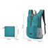 A large, teal packable camping backpack beside a compact folded version with light grey accents.